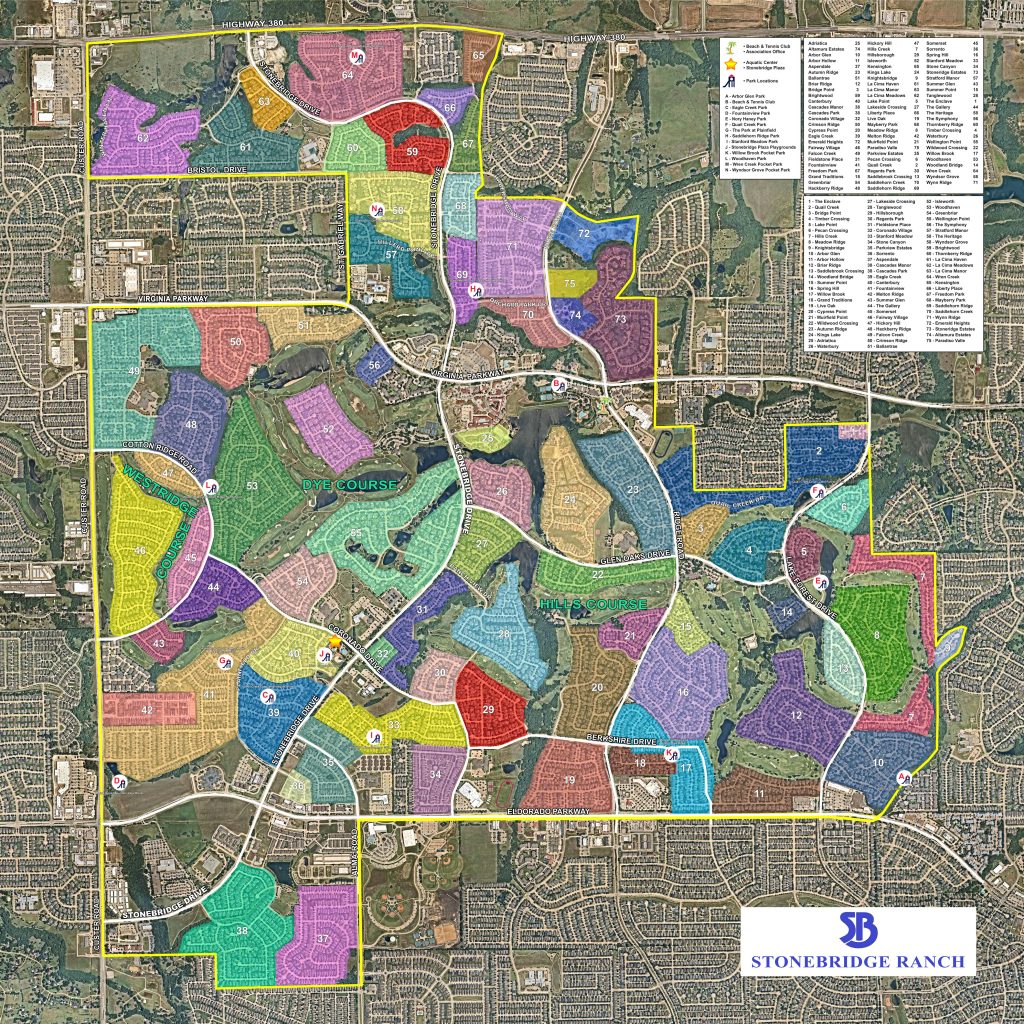 Custom mural of Stonebridge Ranch HOA in McKinney, TX.  Depicts the various neighborhoods within the association.