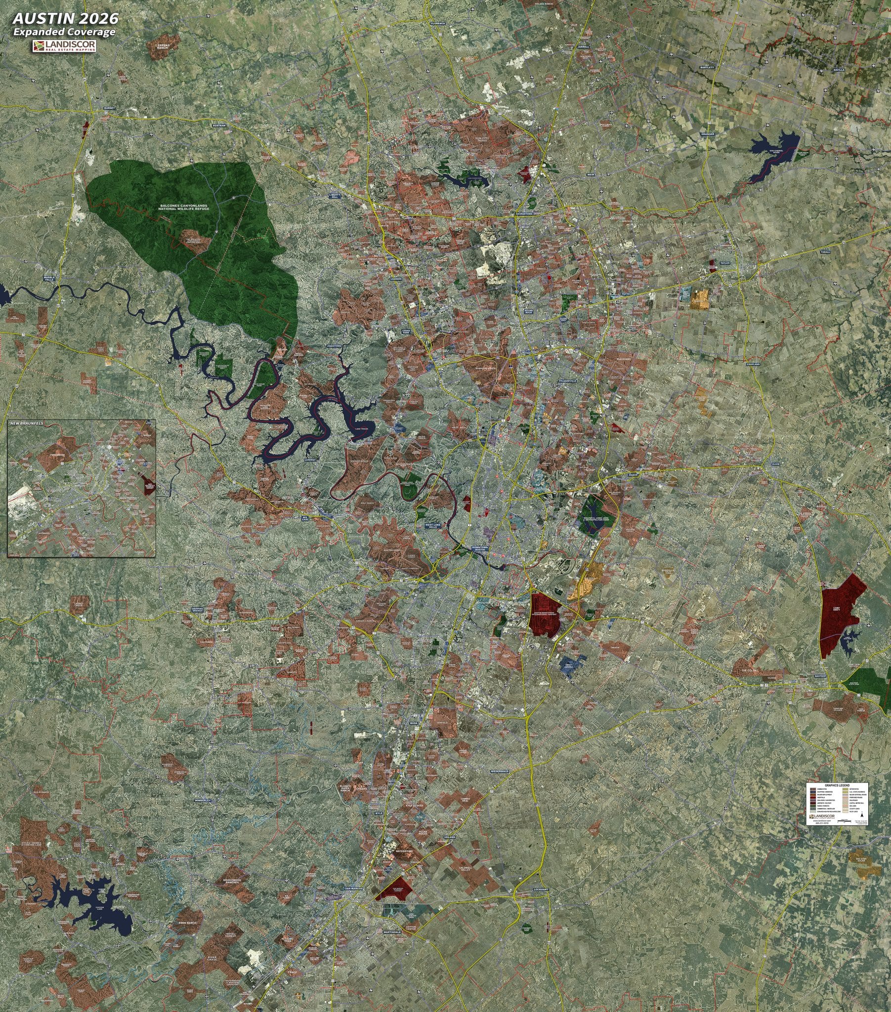 Aerial Wall Map Mural - Austin Expanded