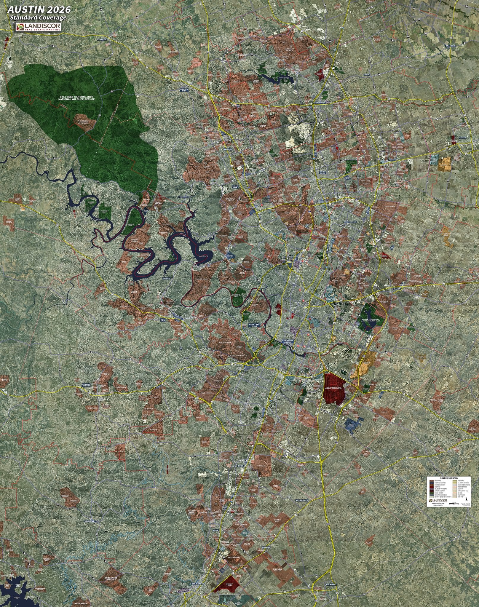 Aerial Wall Map Mural - Austin Standard